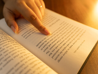 Obraz premium Close-up of a woman's hands holding an open book with clearly visible text pages, shot in warm cozy indoor lighting with a soft glowing table lamp in the background, evoking reading and knowledge. 