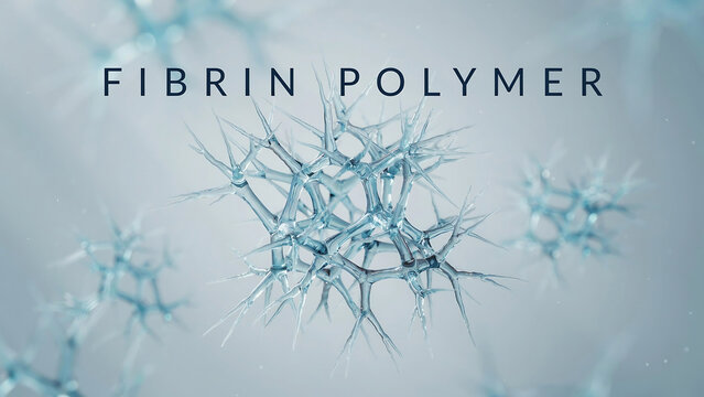 Fibrin polymer molecules forming complex networks and structures in a microscopic view of biological materials and medical research