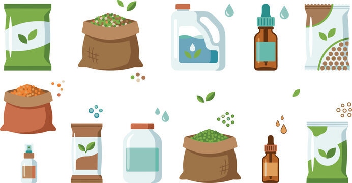 Organic Agriculture Product Collection Featuring Eco-Friendly Packaging, Natural Fertilizers, Seeds, and Sustainable Farming Supplies in Vector Illustration Style
