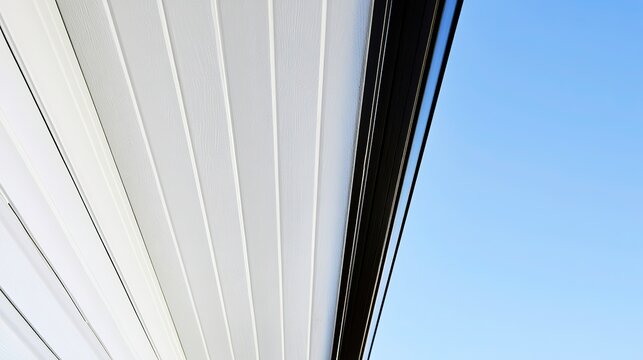 Contrast of white soffit and dark rain gutter on modern eave, blue sky bright daylight, sharp architectural detail