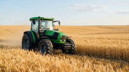 Fototapeta premium A farm tractor drives through a wheat field under a clear sky. The vehicle moves slowly, leaving dust behind while harvesting ripe crops in the warm afternoon light