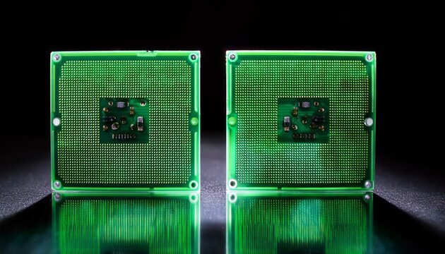 two green led circuit boards arranged symmetrically reflecting in a studio with a black background