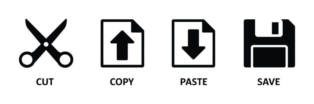 Graphic editor toolbar symbols, cut copy paste and save operations icons, outlined document design elements, file editing interface vector set.