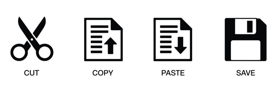 Graphic editor toolbar symbols, cut copy paste and save operations icons, outlined document design elements, file editing interface vector set.