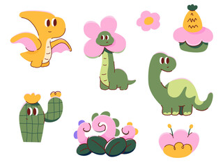 Cute dinosaur doodle vector set. Kawaii dino cartoon characters and nature elements with crayon texture isolated on white background. © Nattapol