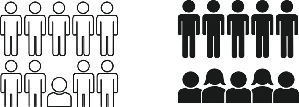 People icon set featuring black and white vector silhouettes and thin outline avatars for crowd population data representation.