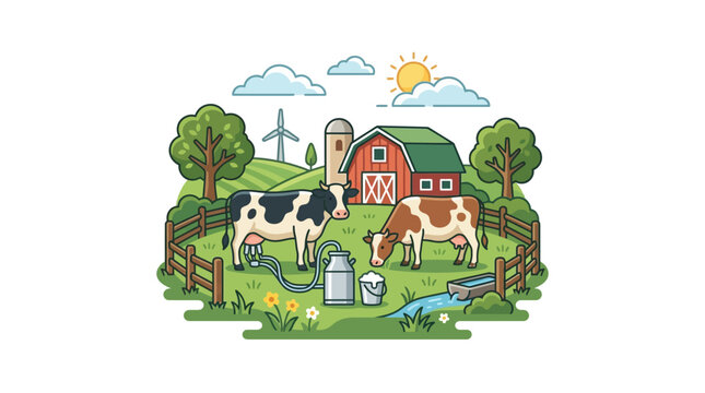 Cows grazing in green field farm.