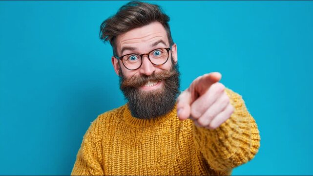 Joyful man pointing at camera in vibrant yellow sweater with blue background celebrating excitement happiness engagement motivation fun energy positivity.