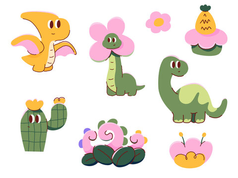 Cute dinosaur doodle vector set. Kawaii dino cartoon characters and nature elements with crayon texture isolated on white background.
