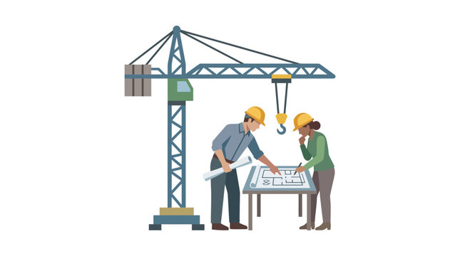 Two construction workers with blueprint.