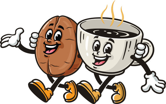 Cartoon mascot of coffee bean and coffee cup walking together