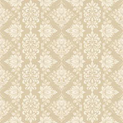 Fototapeta premium Luxury gold damask wallpaper background elegant cream striped floral scroll pattern for vintage interior fabric and gold damask wallpaper background texture.
