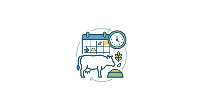 Cow with calendar and clock icons.