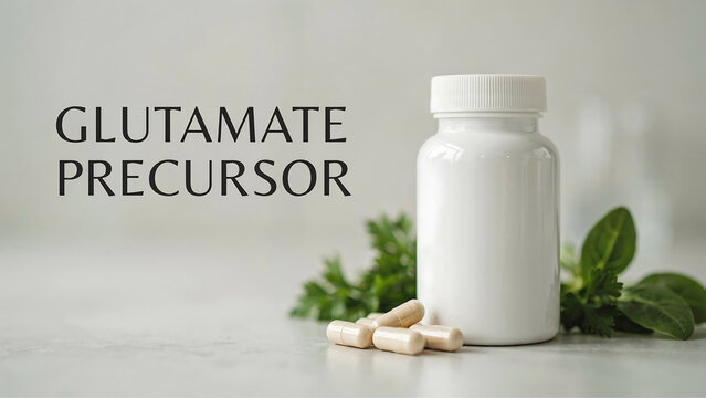 Glutamate precursor supplement bottle and capsules with green leaves on a white surface  dietary health nutrition concept