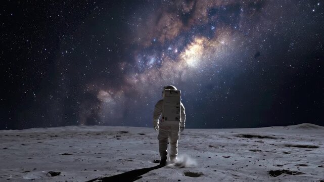 Astronaut exploring silent lunar landscape under a brilliant, vast starry night sky. Concept of space exploration, future mission, and astronomy travel.