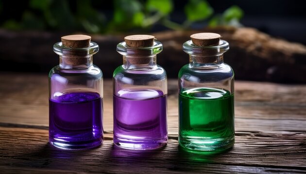 two small corked glass bottles with purple and green liquids on a worn wooden surface moody atmospheric lighting evoking mystery and alchemy