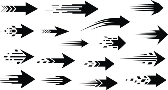 Collection of dynamic black arrows with speed lines and pixel effects