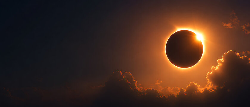 Total Solar Eclipse with Diamond Ring Effect Shining Through Dark Clouds in Dramatic Night Sky