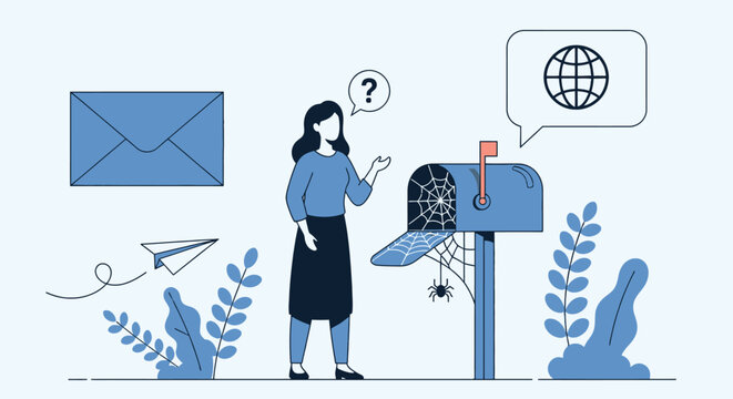 Woman checking empty mailbox with spiderweb, symbolizing lack of communication, lost connection, or missed opportunities for delivery.