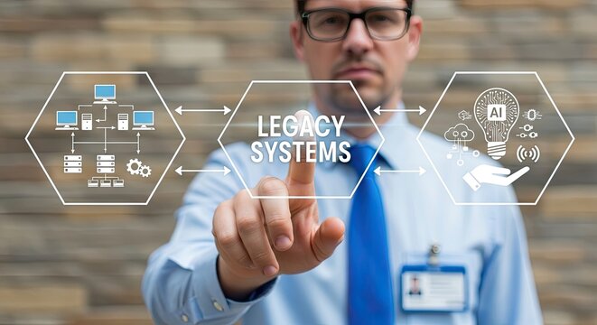 Businessman touching legacy systems icon during digital transformation with modern technology integration concept