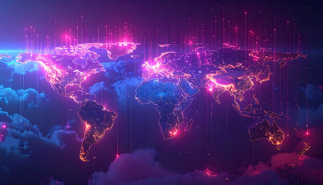 Glowing world map with digital connections, global network and data flow, vibrant neon lights and clouds