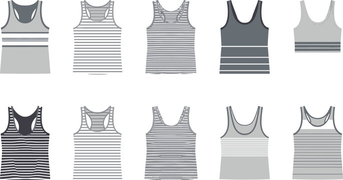 Women's Striped Tank Top and Camisole Icon Set with Racerback and Regular Strap Styles in Gray Tones for Fashion Apparel Design
