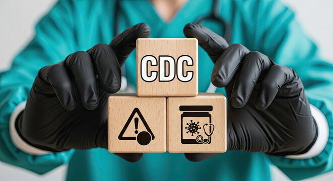 Hands in black gloves hold wooden blocks with CDC symbol and virus icon against teal background with selective focus