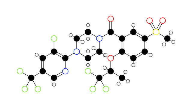 bitopertin molecule, structural chemical formula, ball-and-stick model, isolated image glycine reuptake inhibitor