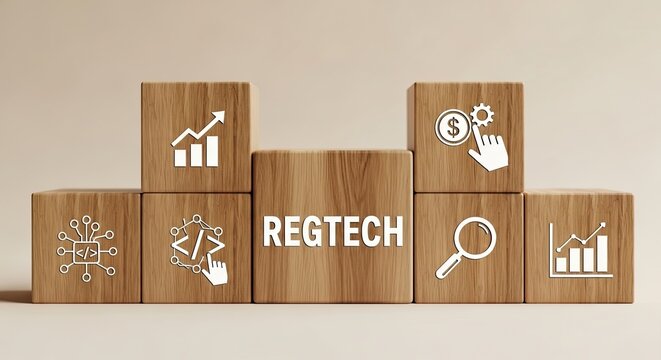 Regtech wooden blocks with financial growth and digital analytics icons on a neutral background symbolizing compliance innovation