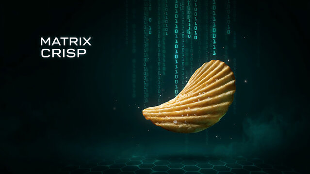 Matrix crisp potato chip floating in digital cyberpunk environment with binary code streaming down  futuristic snack concept