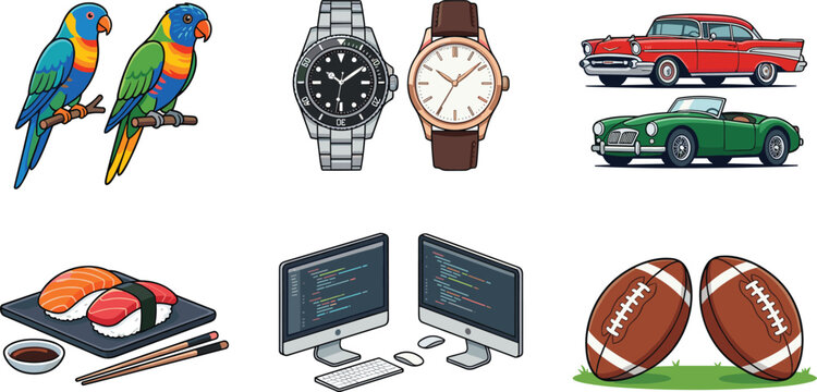 Vector Icon Set Featuring Colorful Parrots, Luxury Watches, Vintage Classic Cars, Japanese Sushi, Computer Programming Workstations, and American Footballs