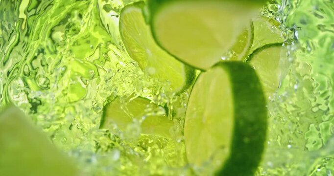 Super slow motion 1000fps video of fresh lime slices falling into rippling water, creating a sparkling splash, perfect for drink, cocktail, beverage and summer visuals.