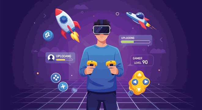 Young gamer wearing virtual reality headset holding controllers standing in digital neon space with floating rockets and levitating game interface icons around.