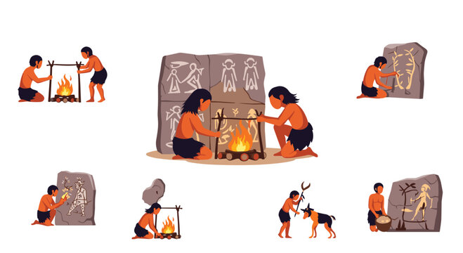 Set of prehistoric cavemen characters engaging in various primitive activities like cave painting, starting fires, and hunting.