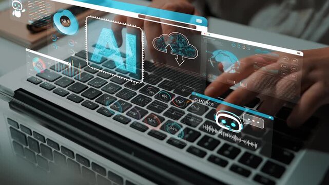 Digital Workspace with Artificial Intelligence Concepts and Cloud Technology Interfacing on a Laptop Displaying Data and Analytics in a Modern Office Environment Sigmoid