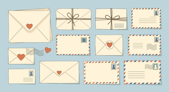 Collection of vintage style envelopes and letters with heart seals, postage stamps, and string ties on light blue background.