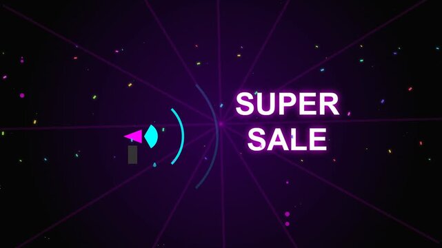 Dynamic abstract background with glowing neon text 'SUPER SALE' and futuristic geometric elements, suitable for promotional content.