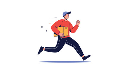 Fototapeta premium Delivery courier running fast while holding a cardboard box represents efficient express shipping and logistics services.