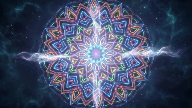 Glowing mandala with pulsating geometric patterns, radiant energetic rays and flowing vibrant colors, spirituality, mindfulness, harmony and inner peace concept, 4K video