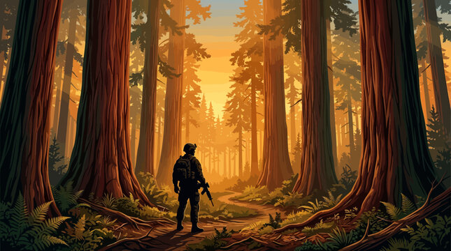 Soldier standing among giant redwood trees during sunset