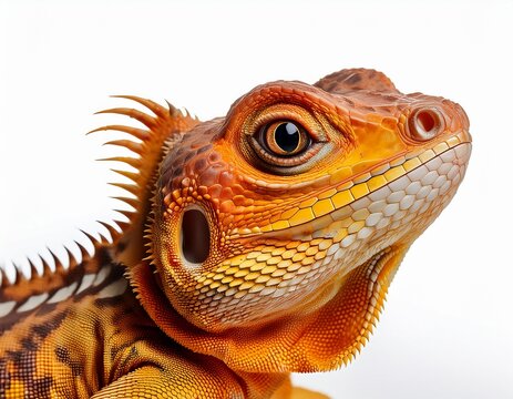 close up of an orange and yellow lizard with large expressive eyes on a white background