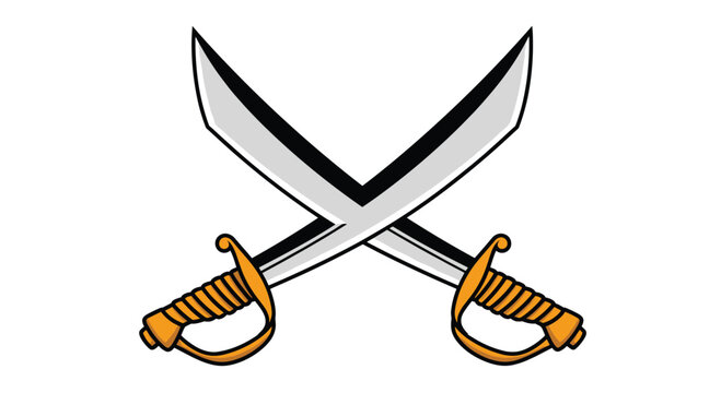Pair of crossed middle eastern scimitar swords with curved metal blades and golden hilts on a white background.