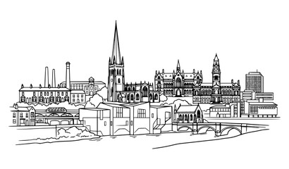 Fototapeta premium Wakefield Urban Skyline Vector Line Drawing with Historic Architecture and City Landmarks