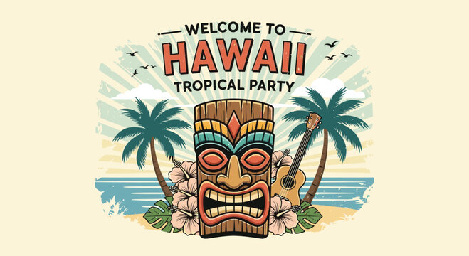 Tropical party invitation poster for Hawaii features a tiki mask ukulele palm trees and hibiscus flowers on the beach.
