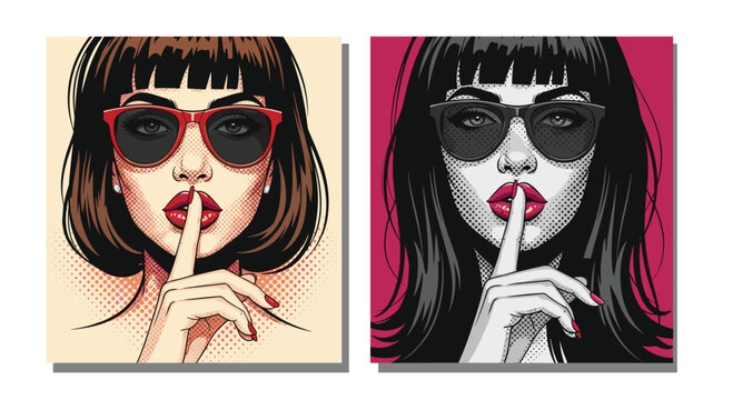 Pop art style portraits of women wearing sunglasses and making a shushing gesture use a halftone dot pattern.