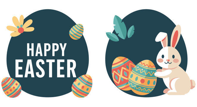 Floral and bunny easter illustration colorful vector design with text overlay
