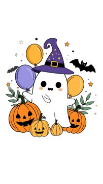 A cute cartoon ghost wearing a purple witch hat surrounded by jack-o-lanterns and balloons