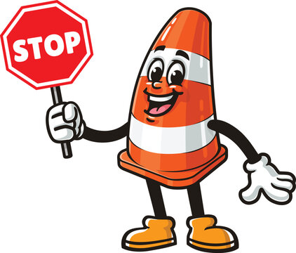 Traffic cone cartoon mascot holding a stop sign