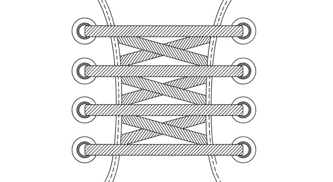 Close up illustration of black and white cross-laced shoe eyelets showing a symmetrical lacing pattern on a sneaker.