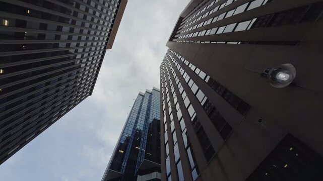 Gaze upward at the towering skyscrapers of Halifax, Canada, revealing stunning urban design against a backdrop of overcast skies, inviting wonder and admiration